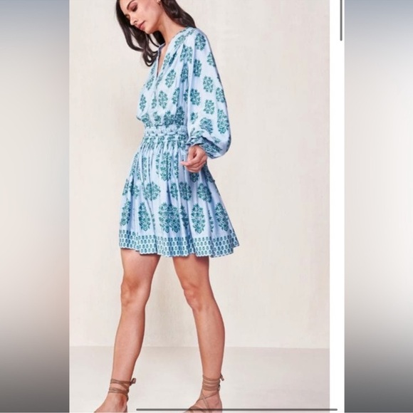 OMIKA Adele Mini Dress XS Blue Green Floral Smocked Boho Resort 100% Modal - Picture 3 of 12